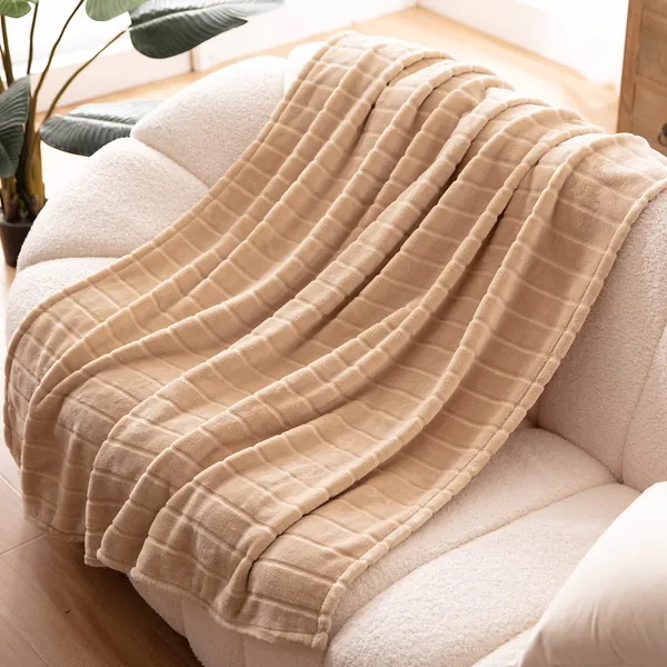 Bertte Plush Throw Blanket Super Soft Fuzzy Warm Blanket | 330 GSM Lightweight Fluffy Cozy Luxury Decorative Stripe Blanket for Bed Couch - 50"x 60", Light Beige - 50 in x 60 in Light Beige