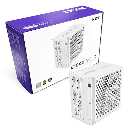 NZXT C1000 Gold ATX 3.1 - Fully Modular Low-Noise PC Gaming Power Supply - 1000 Watts - 80 Plus Gold - 12V-2x6 Connector - Zero Fan Mode - 100% Japanese Capacitors - White - C Series ATX 3.1 - White - 1000W Gold