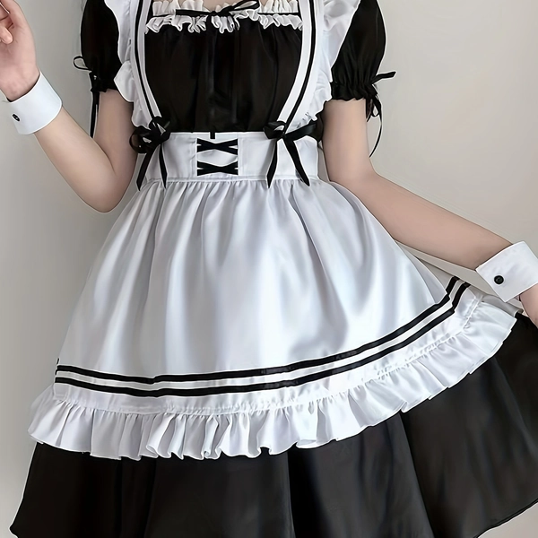 Maid Dress Japanese COS Cute Student Dress Big Man Lolita Style Suit Anime Large Size Clothes Daily - Polyester, Off the Shoulder Collar, Non-Stretch Fabric, Solid Color, Puff Sleeve, Knee High Length, Short Sleeve, No Belt, Female, Spring/Summer/Fall, Ruffle Hem, Fit and Flare Silhouette, Bow Details, Pinafore Dress, No Chest Padding, Cute Style