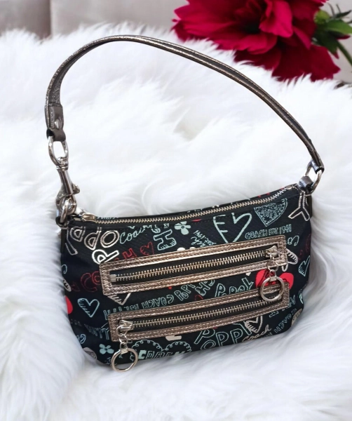 Coach Poppy Graffiti Black Jacquard Wristlet Handbag– Silver Trim, Coral Lining, Crossbody Chain Included, Excellent Condition!