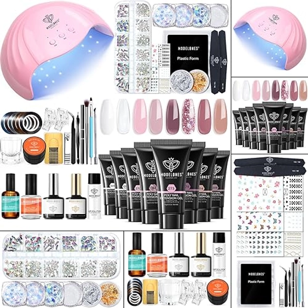 Modelones Poly Nail Gel Kit 8 Rosy Pink Colors with 48W LED Nail Lamp Poly Extension Gel Complete Nail Art Tools Professional Starter Manicure Kit Supplies Rhinestone GlittersBeauty Gift DIY at Home