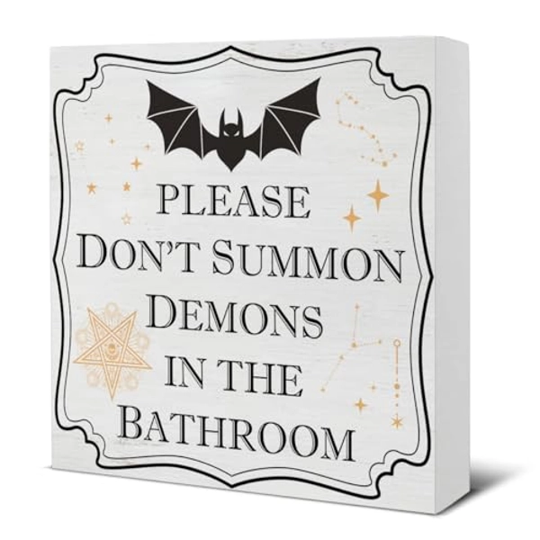 Halloween Decorations - Halloween Bathroom Decor Please Don't Summon Demons in the Bathroom Wooden Sign Halloween Home Decor for Desk Table Shelf 5 X 5 Inches