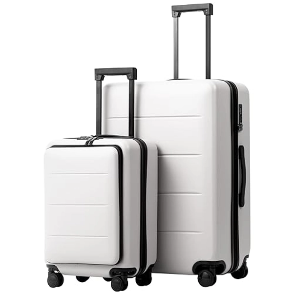 Coolife Luggage Suitcase Piece Set Carry On ABS+PC Spinner Trolley with pocket Compartment Weekend Bag (White, 2-piece Set)