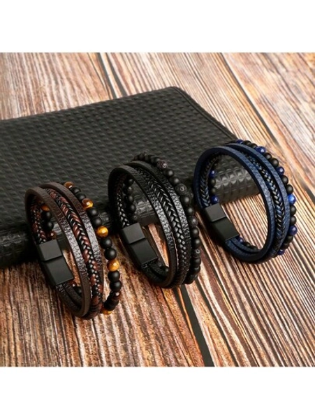 Handmade Woven Bracelet For Men, Stainless Steel Bangle With Natural Obsidian Beads Ornament