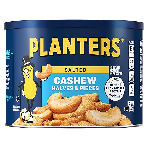 PLANTERS Salted Cashew Halves & Pieces, Party Snacks, Plant-Based Protein 8oz (1 Canister) - Salted - 8 Ounce (Pack of 1)
