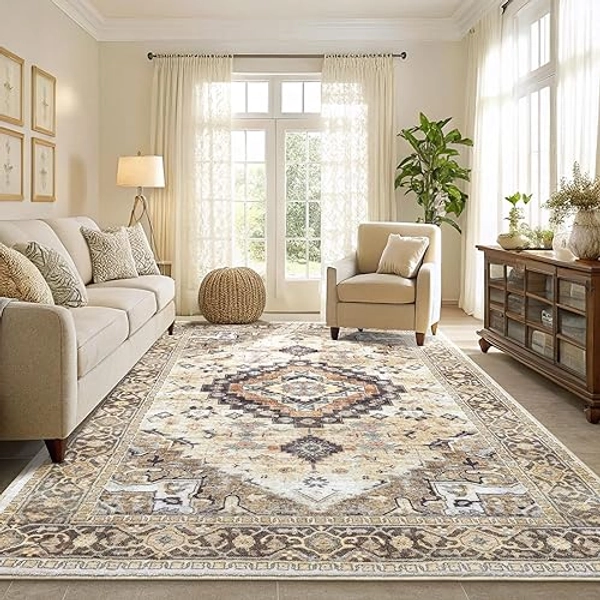 Smiry Area Rugs for Living Room Bedroom, Machine Washable 8x10 Vintage Rug, Soft Plush Bedside Floor Carpet for Farmhouse Nursery Kitchen Laundry Home Decor, Beige