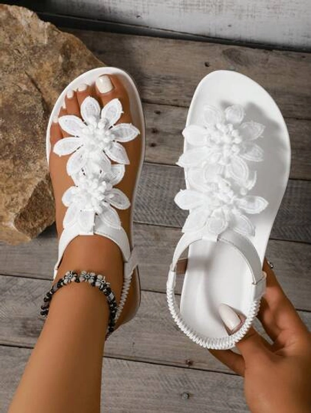 Plus Size Women's Elegant Sandals, White Floral Decor, Fairy Tale Style For Summer, Open-Toe Design, Fabric Upper And Lining, Non-Slip Outsole, Microfiber Insole