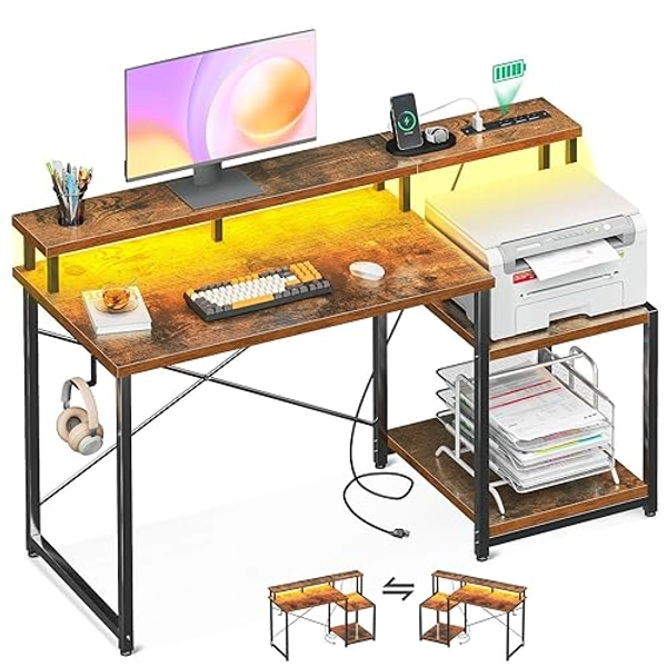 AODK Computer Desk, 48 Inch Gaming Desk with Led Lights & Power Outlet, Office Desk with Printer Storage Shelves, Reversible Desk with Monitor Shelf & Headphone Hook, Rustic Brown