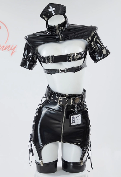 Sexy Dessous Set Lingerie Gothic Krankenschwester Oberteil Halbrock mit Schnürung Handschuh Stirnband