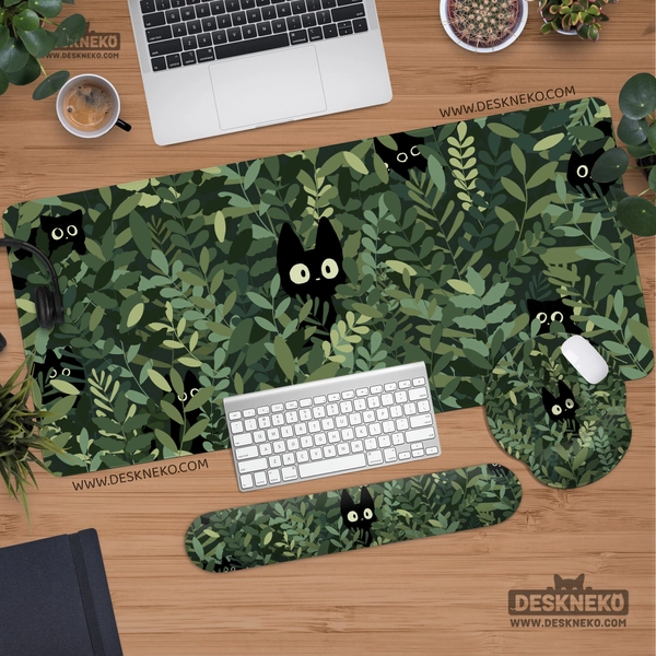 Cats Desk Mat green, Cute Mousepad large, Dark academia aesthetic, Extended keyboard matt, Led mouse pad XL, XXL gaming deskmat gift for