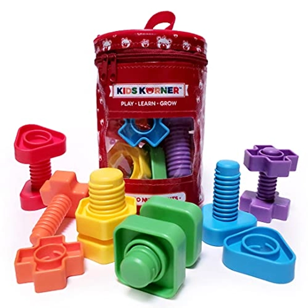Jumbo Nuts and Bolts For Toddlers - Fine Motor Skills Rainbow Matching Game Montessori Toys For Toddlers & Toddler Games | 12 pc Occupational Therapy Educational Toys with Toy Storage + eBook