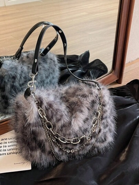 1pc Gray Leopard Spot Plush Chain Shoulder/Underarm Bag, Fashion Autumn/Winter