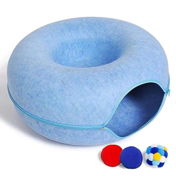Large Cat Tunnel Bed for Indoor Cats with 3 Toys, Scratch Resistant Donut Cat Bed, Up to 30 Lbs (L 24x24x11, Blue)