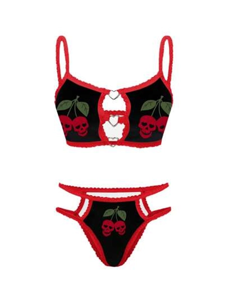 Dark Punk Personalized Skull & Cherry Print Red Lace Patchwork Heart Decor Women Camisole + Panty 2pcs Set For Going Out