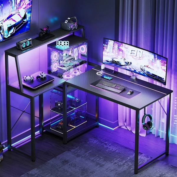 45" Gaming Desk with Hutch, Reversible L-Shaped Desk with LED Light, USB Ports & Power Outlets, Home Office Desk with CPU Stand, Carbon Fiber Black
