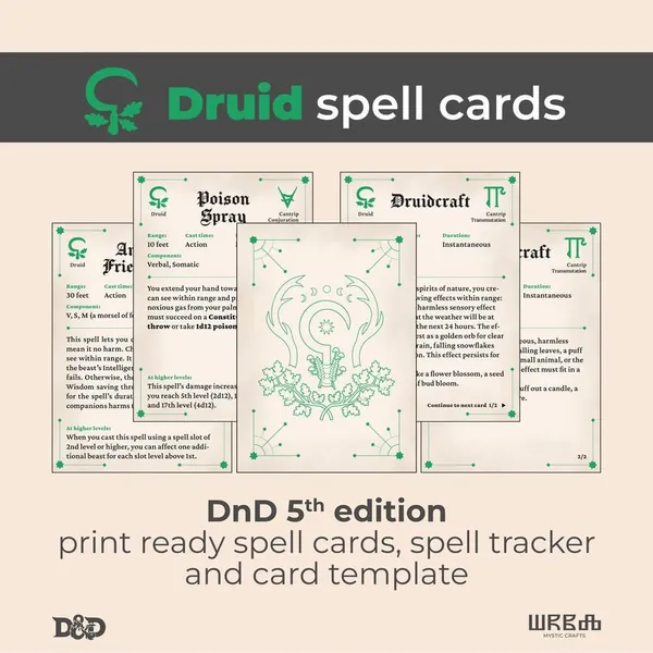 DnD Druid Spell cards | Download and print spell cards | Fillable form | Dungeons & Dragons 5e | DnD Druid spell tracker