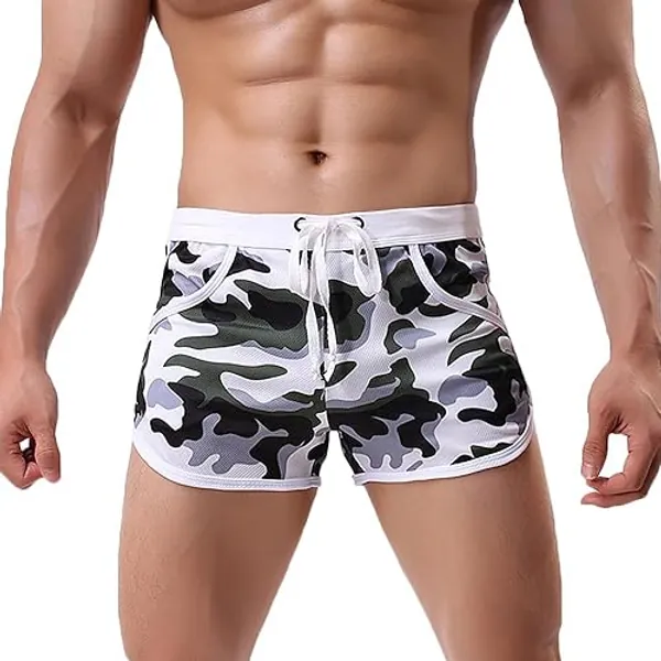 Rexcyril Men's Running Workout Bodybuilding Gym Shorts Athletic Sports Casual Short Pants - Large - Camo White