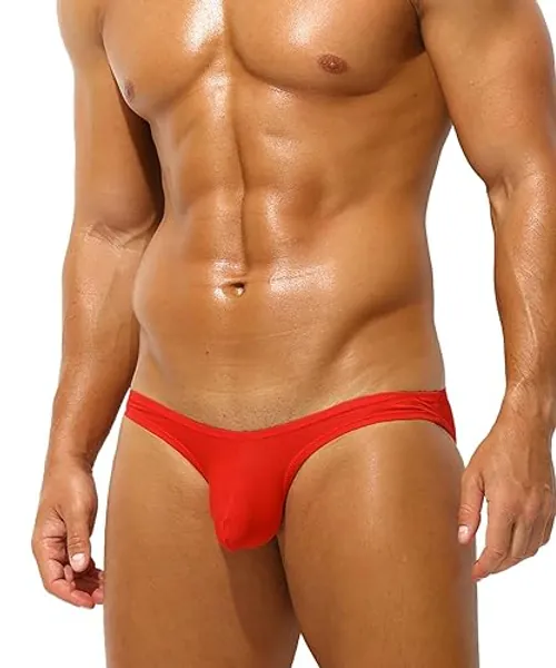 PAIZH Men's Low Rise Briefs Sexy Bikini Breathable Soft Bulge Pouch Modal Underwear - Red - Large