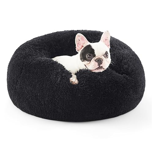 Bedsure Calming Dog Bed for Small Dogs - Donut Washable Small Pet Bed, 23 inches Anti-Slip Round Fluffy Plush Faux Fur Large Cat Bed, Fits up to 25 lbs Pets, Black - 23.0"L x 23.0"W x 8.0"Th - Black