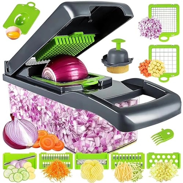 MAIPOR Vegetable/Pro Onion Chopper, Multifunctional 13 in 1 Food Chopper, Kitchen Vegetable Slicer Dicer Cutter With 8 Blades,Veggie, Carrot and Garlic Chopper With Container (Gray)