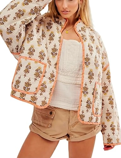 Aimiray Women's Cropped Floral Puffer Jacket Cardigan Printed Lightweight Open Front Padded Quilted Coats