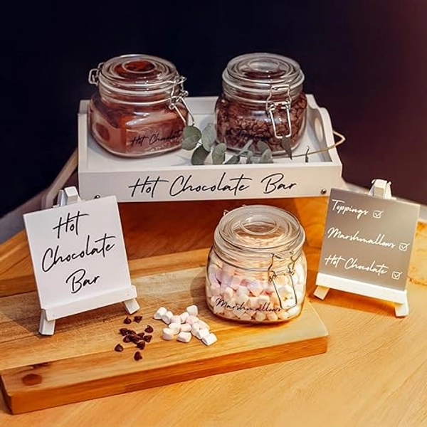 Marco Paul Hot Chocolate Station Set 6pc Glass Jars Storage Easel Cocoa Kitchen Set House Decor Spoon Set Hot Chocolate Stirrers Glass Storage Jars Chocolate Drink Maker Home Decor - Bar Set