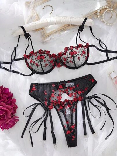 3pcs Women Floral Embroidery Mesh Sexy Lingerie Set