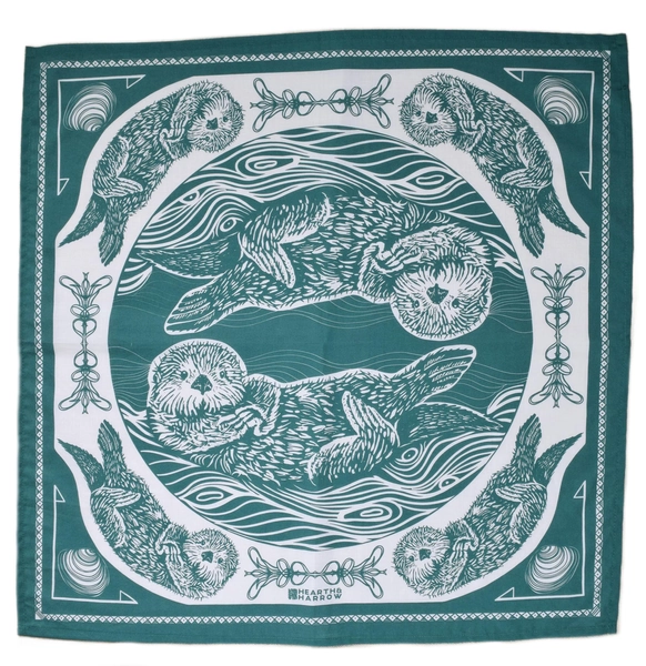 Otter Bandana - Green - 100% Cotton - Handkerchief - 22" x 22" - Screen Printed - Soft Washable - Cute Animal Scarf - Sea Otter Gift - Hanky