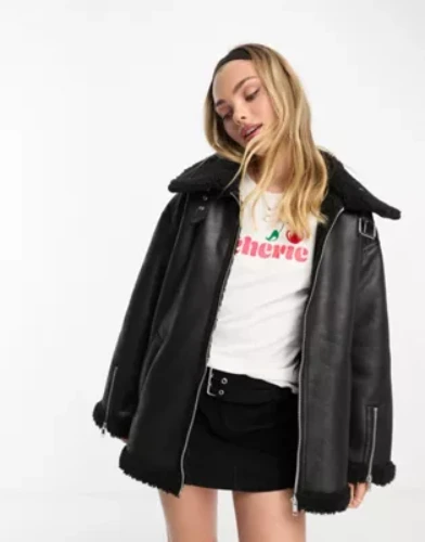 Monki faux leather and shearling aviator jacket in black | ASOS