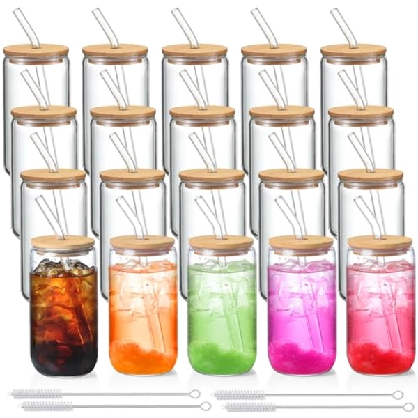 20 Pack Glass Cups with Lids and Straws 16 oz, Personalized Customizable Glasses for Gift, Business, Can Shaped Drinking glasses set, Iced Coffee Cup, Cute Aesthetics Tumbler for Tea, Homemade Drinks