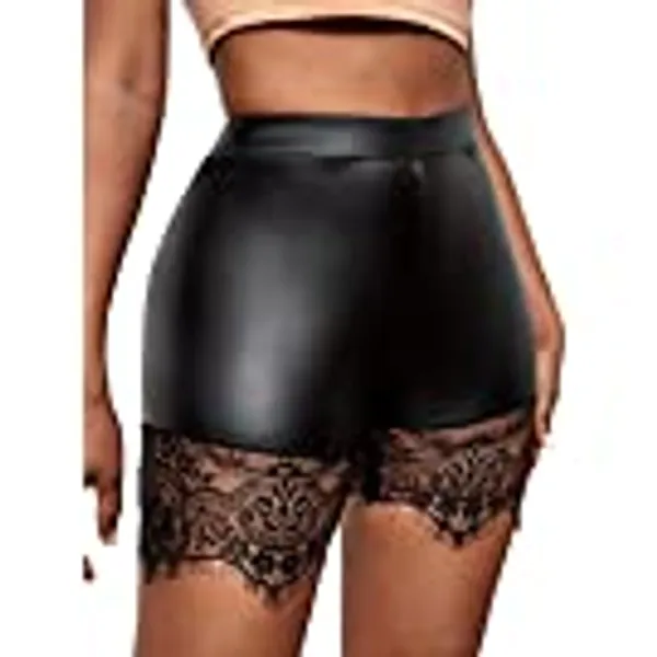 Romwe Women's Faux Leather PU Biker Shorts Lace High Waist Stretch Slim Hips Short Hot Pants