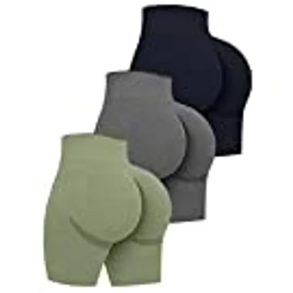 OQQ Women's 3 Piece High Waist Workout Shorts Butt Lifting Tummy Control Ruched Booty Smile Yoga Short Pants