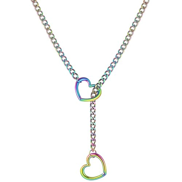 sroyte Heart Slip Chain Necklaces for Women,Stainless Steel O-Ring Adjustable Lariat Heart Y-Necklace,Punk Gothic Cuban Collar Choker Necklace for women