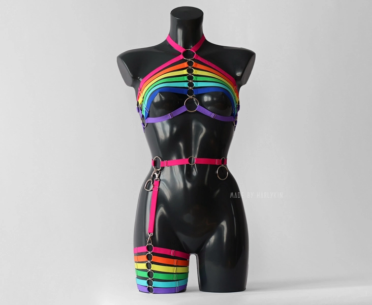 Rainbow Harness Set, Festival Harness, Pride Outfit, Rainbow Lingerie, Rainbow Clothing, Rave Outfit, Harness Bra, Rainbow crop top, Garter