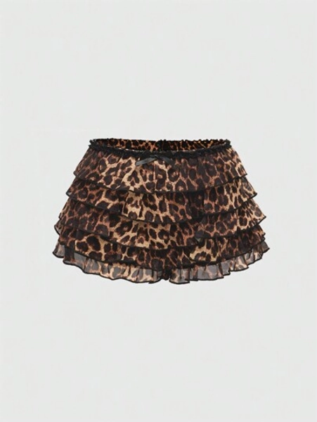 ROMWE J-Fashion Plus Size Retro Cute Leopard Print Mesh Ruffle Trim Bloomers Shorts