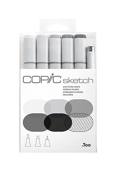 Copic Sketch Coloured Marker Pen - Set of 5 Greys + 1 Multiliner SP, For Art & Crafts, Colouring, Graphics, Highlighter, Design, Anime, Professional & Beginners, Art Supplies & Colouring Books