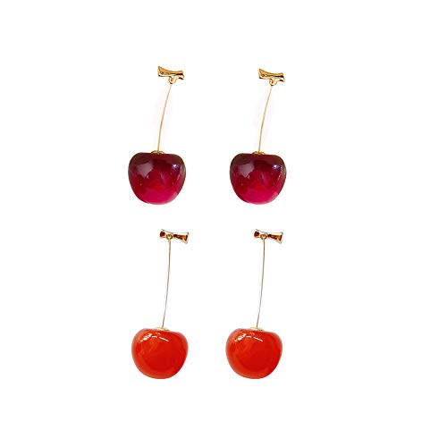 ONEYIM 3D Red Cherry Drop Earrings Cute Fruit Gold Dangle Earrings Charm Jewelry Gift Earrings for Women Girls - 2 Pack-Small