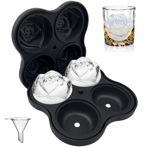 Ice Cube Tray, CAMKYDE 2.5 Inch Rose Ice Cube Trays, 4 Cavity Silicone Rose Ice Ball Maker Mold, Easy Release Large Ice Cube Mold for Whiskey, Chilling Cocktails, Bourbon, Juice (Black) - Four 2.5-inch Rose Ice (Black) 1 Pack Rose Ice Cube Tray