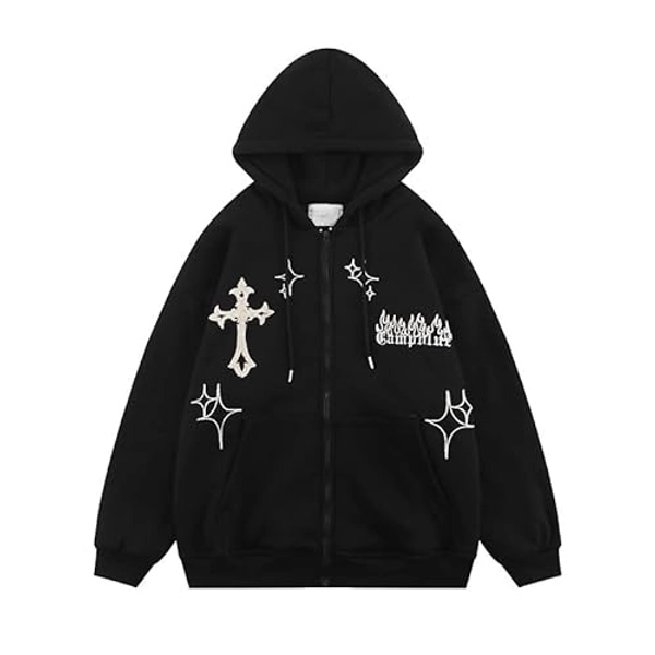 Gothic Embroidery Hoodies Women Retro Harajuku Hip Hop Jacket Zip Up Hoodie Loose Sweatshirt Clothes Y2K Tops