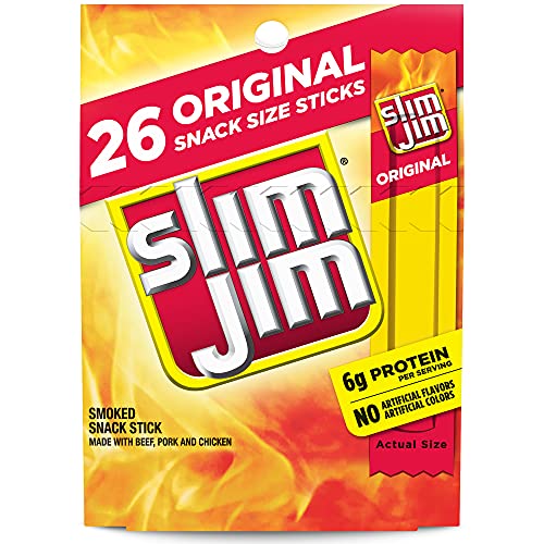 Slim Jim Snack Sized Original Smoked Snack Stick, Easy, On-the-Go School, Work and Travel Snacks, 0.28 OZ Meat Snacks, 26 Count