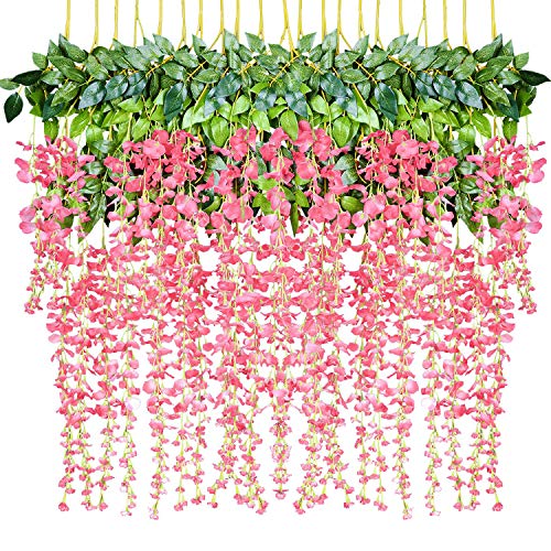 DearHouse 12 Pack 1 Piece 3.6 Feet Artificial Fake Wisteria Vine Ratta Hanging Garland Silk Flowers String Home Party Wedding Decor (Pink) - Pink
