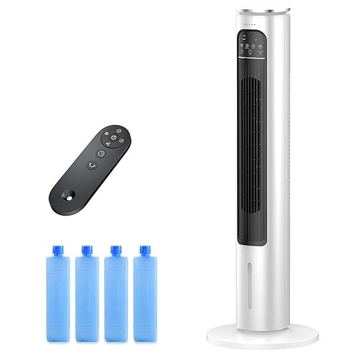 Windowless Portable Air Conditioner Ac Unit with Remote,37” Evaporative Air Cooler,Swamp Cooler for 4 Modes, 12H Timer, Removable Water Tank,Ice Packs,CoolingTower Fan for Bedroom,Outdoor,Indoor White - 37inch