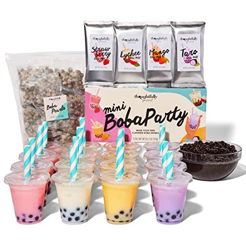 Thoughtfully Gourmet, Mini Boba Party Set, Makes 16 Tasting Portions Of Bubble Tea, Includes 4 Flavors, Boba Pearls, Cups, Lids, And Straws