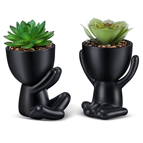 WOODWORD Fake Succulent, Mini Succulents Plants Artificial in Black Modern Human Shaped Ceramic Pots Desk Decor Desk Plant for Office Decor for Women, Cute Fake Plants Bathroom Decor 2PCS - Black Ceramic Pot C Green Succulent