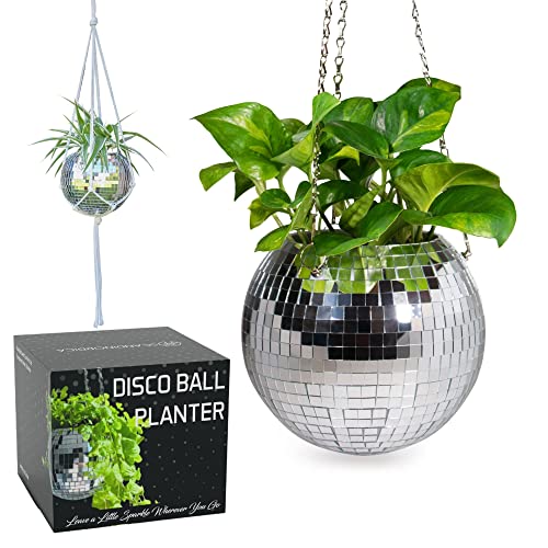 SCANDINORDICA Disco Ball Planter – Value Package: Disco Planter with Chain, Macrame Hanger and Acrylic Stand, Includes Self Watering Insert, Preppy Room Decor, Funky Decor | 8 inch Silver - 8" Silver