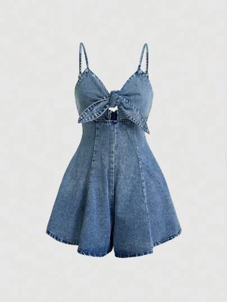 SHEIN MOD Women's Denim Jumpsuit Sexy Vintage Tea Break Suspender Shorts Blue