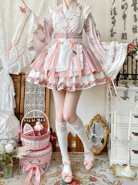 [$53.49]Sakura Pink Herbal Medicine Crossover Neckline Top + Skirt Han Lolita Set Cherry Blossom Festival Outfit