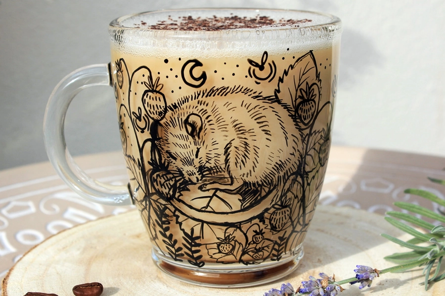 Rat mug, Glass latte mug, Strawberry rat tea cup, Handpainted animal mug, Pet mug, Cute fruit cup, Christmas Gift, Gift for him, Rodent mug