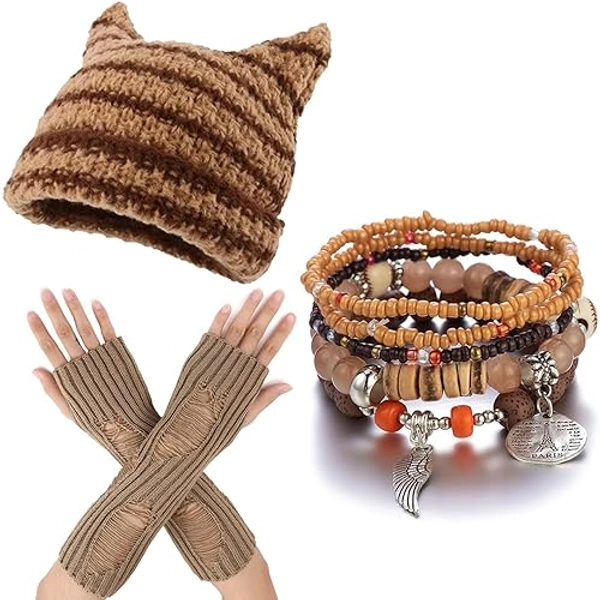GNAYOAHLI Therian Gear Y2K Clothes,Grunge Clothing - Emo Beanie, Fingerless Gloves,Five Fairycore Bracelets