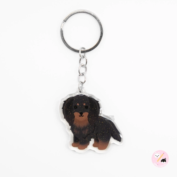 Gordon Setter Longhaired Dachshund Acrylic Dog Breed Keychain | Cartoon Kawaii Art Puppy Glitter Charm | Chibi Cute Pet Loss Memorial Gift
